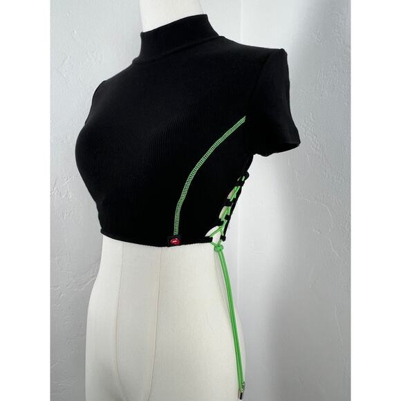 ALICE's LIPS Black Crop Ribbed Top w/Neon Green Laced Cording (Womens:  XS) - Picture 2 of 8